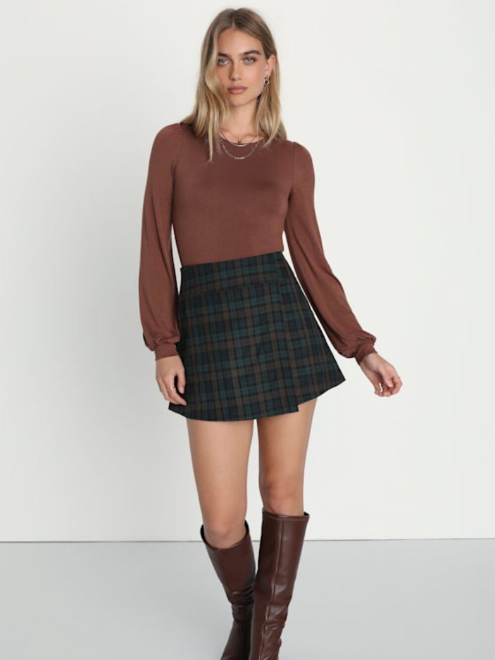 Lulus Plaid Habit Dark Green Plaid Faux-wrap Mini Skirt - Size L